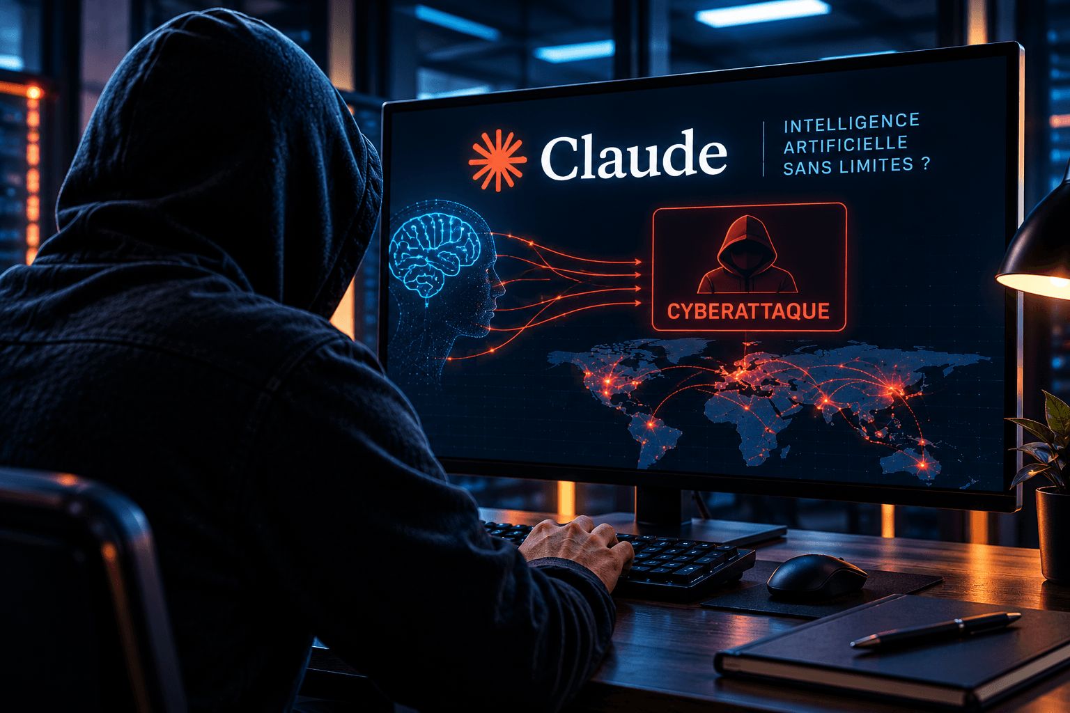 Silhouette d'un individu seul devant plusieurs écrans, symbolisant une cyberattaque assistée par IA