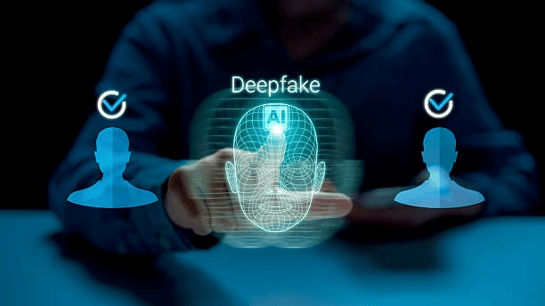 Visage numérique fragmenté symbolisant un deepfake généré par intelligence artificielle sur un écran