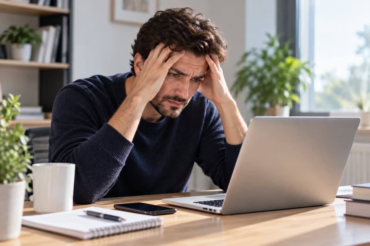 A person holding their head, deep in thought about their professional future.