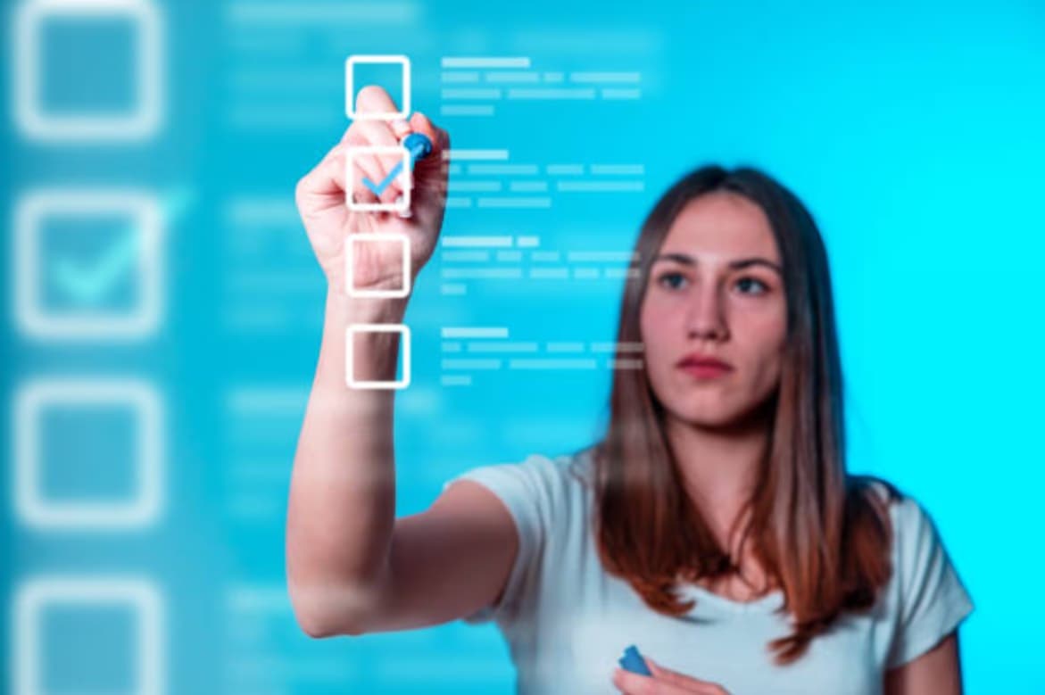 Person ticking boxes on a transparent interface