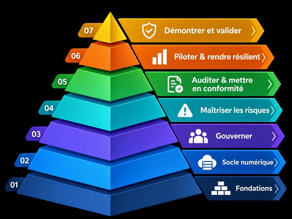 Progression pédagogique du parcours Manager Cybersécurité GRC, des fondations jusqu'à la validation finale.